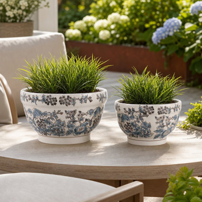 Chinoiserie Floral Round Ceramic Outdoor Planters for Patio Decor - Elegant Indoor Styling Flower Pots for Home Living Room  - Set of 2, Blue & Brown