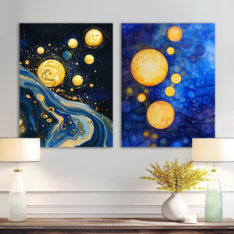Aura céleste des planètes I - ensemble de 2 décorations murales en métal doré, 32" H x 48" W