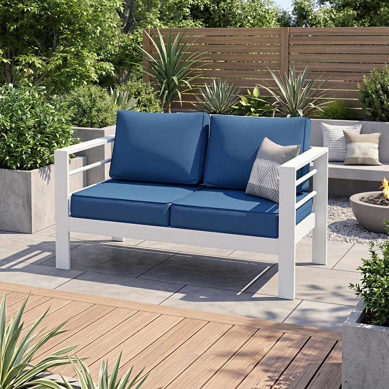 Canapé d'extérieur pour 2 personnes avec coussins, Structure blanche / coussin bleu