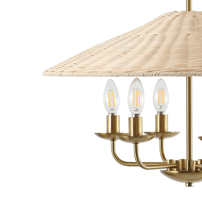 6-Light Hand-Woven Rattan Cone Pendant Chandelier, Gold, Beige
