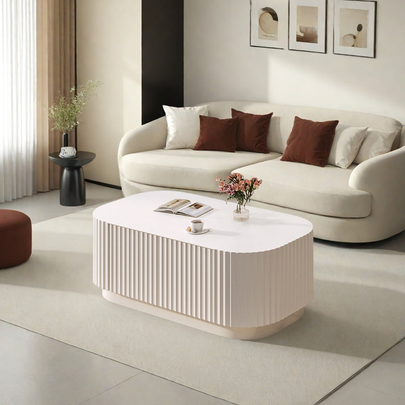Modern Coffee Table with Drawers, 17.32" H x 47.24" L x 23.62" W, Cream