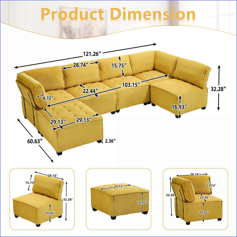 Sectional Sofas 6-Seat Modular U-Shaped Couch with Reversible Chaise, Mustard Yellow Corduroy for Living Room | Mustard Yellow | Corduroy