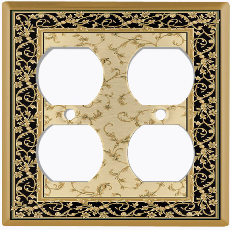 Elegant Flower Beige Black Frame Paint Patterned 2 - Gang Toggle Light Switch Standard Wall Plate