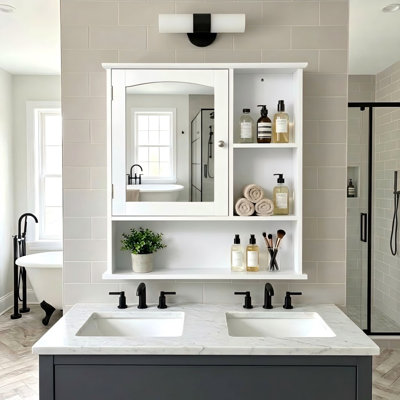 60 Wall Mounted Mirrored Bathroom Cabinets Adjustable Shelves with Mirror