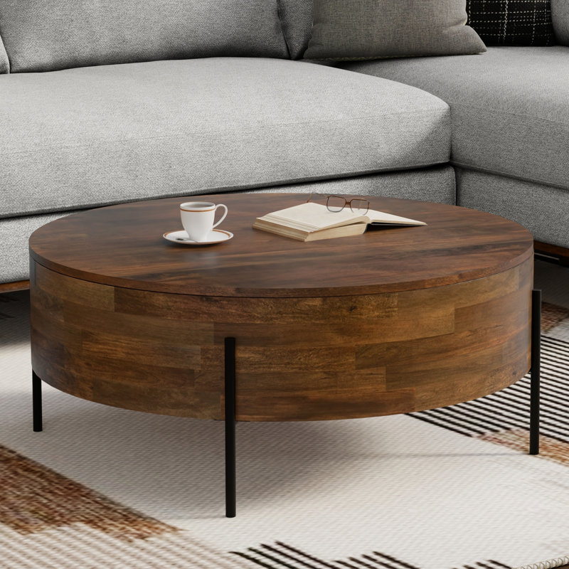 Rayburn SOLID MANGO WOOD 38 inch Wide Round Modern Urban Drum Coffee Table in Walnut Brown, Walnut Brown