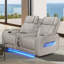 Causeuse inclinable électrique Aire en cuir blanc transformateur de 74 po de Jazmina avec appui-tête électrique, haut-parleurs Bluetooth, lumières DEL, ports USB et USB-C, rangement et porte-gobelets-1466069942