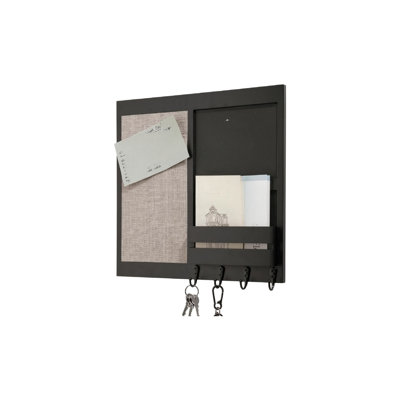 Black Wall Mounted Memo Board with Shelf Letter Holder 4 Key Hooks for Hallways Kitchens