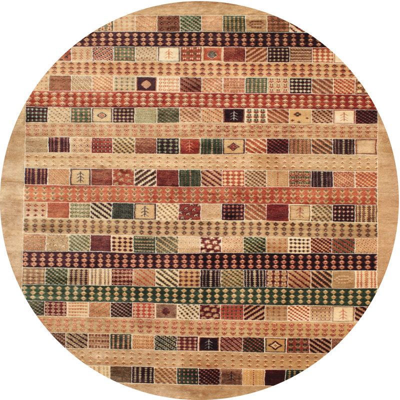 Tapis contemporain beige / vert / rouge, Rond 8 pi