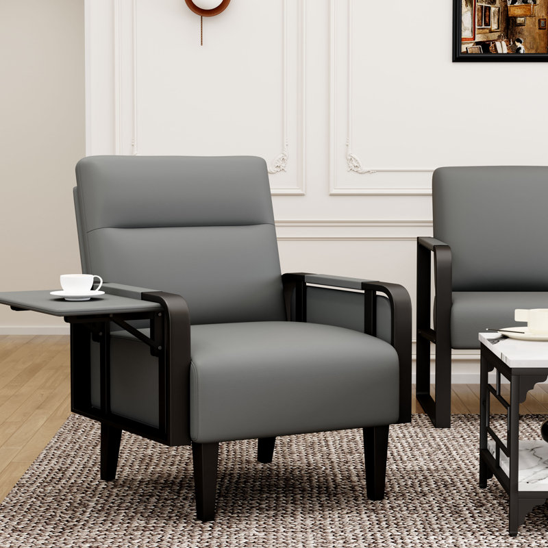 Whole Metal Frame Upholstered Accent Chair With Side Tray Table, Gray