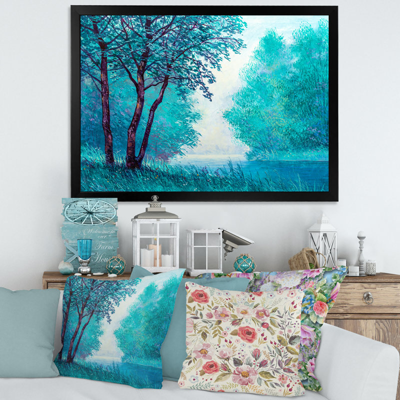«Blue Colored Tree Impression III», peinture sur toile, H 12 po x l 20 po x p 1 po, Cadre noir