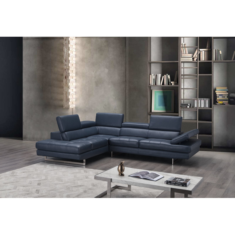 Upholstered Sectional, Left Hand Facing, Blue Genuine Leather