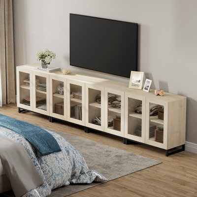 Modern TV Stand With Glass Doors For 120 Inch Tvs, 4 In 1 Entertainment Center Console With Adjustable Shelves And Metal Base For Living Room, Bedroom