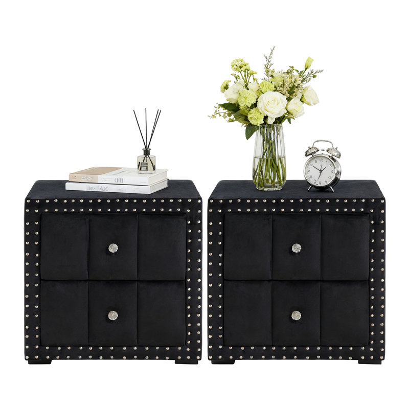 Nightstand Set Of 2，Upholstered Nightstands With 2-Drawer And Nailhead Trim For Bedroom, No Assembly Required, Set of 2