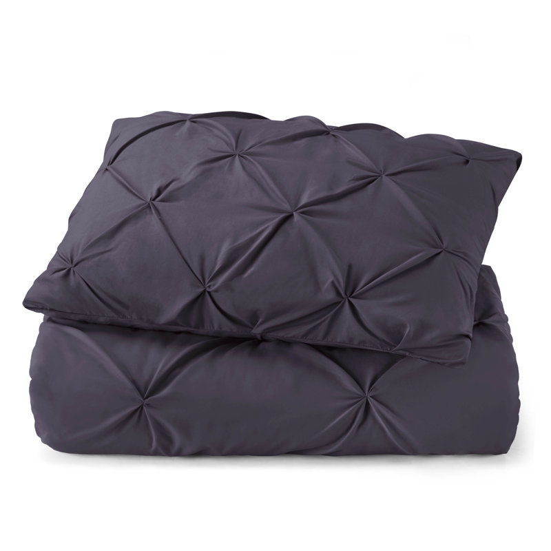 Double Brushed Pleated Duvet Cover Set, Purple Eggplant, Twin Duvet Cover + 1 Standard Pillowcase