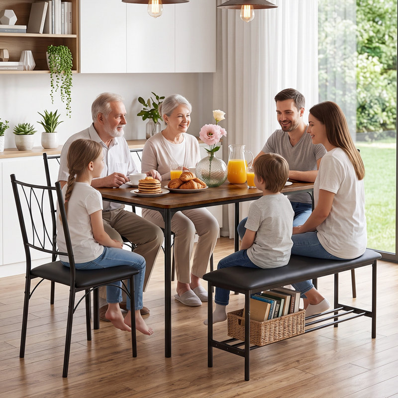 Ensemble de table de salle à manger 6 pièces de 47 po pour 6 personnes, table de cuisine et chaises rembourrées en polyuréthane avec banc pour petits espaces