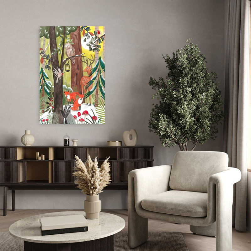 Green Christmas forest with animals Abstract Contemporary Bird Deer Fox Forest Landscape Wall Art Print 1 Piece Wrapped Canvas Wall Art