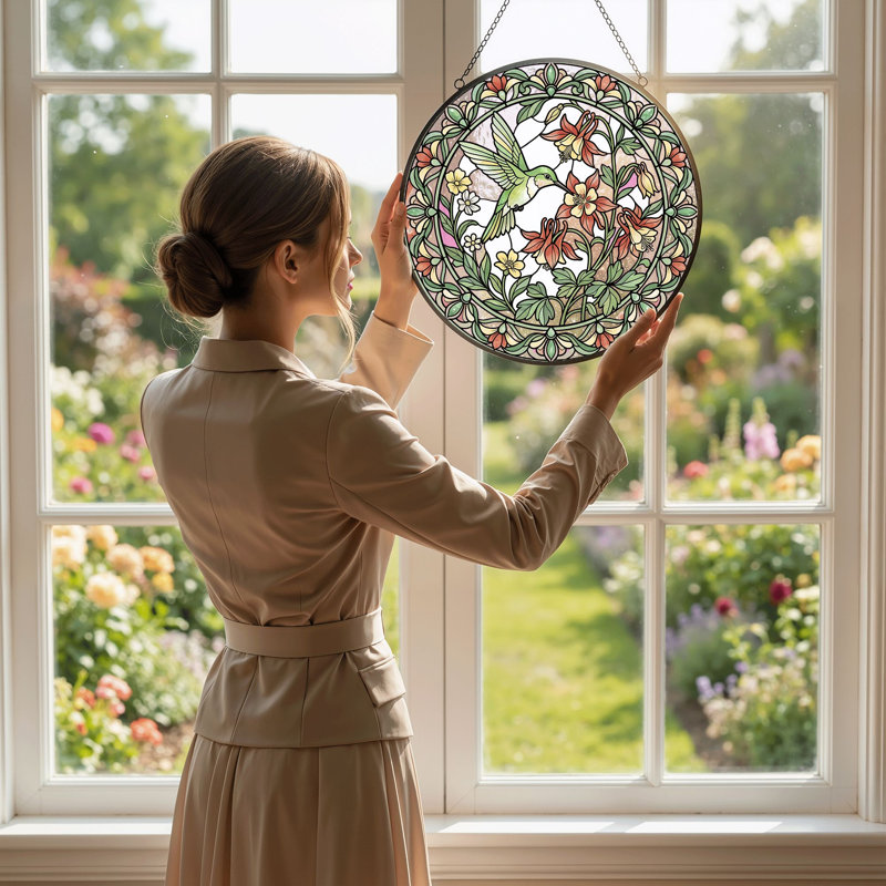 Hummingbird Floral Stained Glass Window Panel,12"H, 12"H