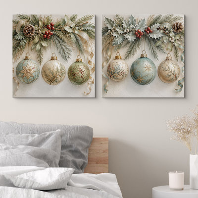 Ornements de Noël rétro avec verdure givrée et élégance des Fêtes, ensemble de 2 reproductions d'art sur toile encadrées
