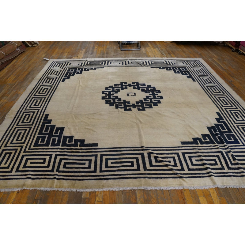 Tapis ivoire antique en laine de taille mongole