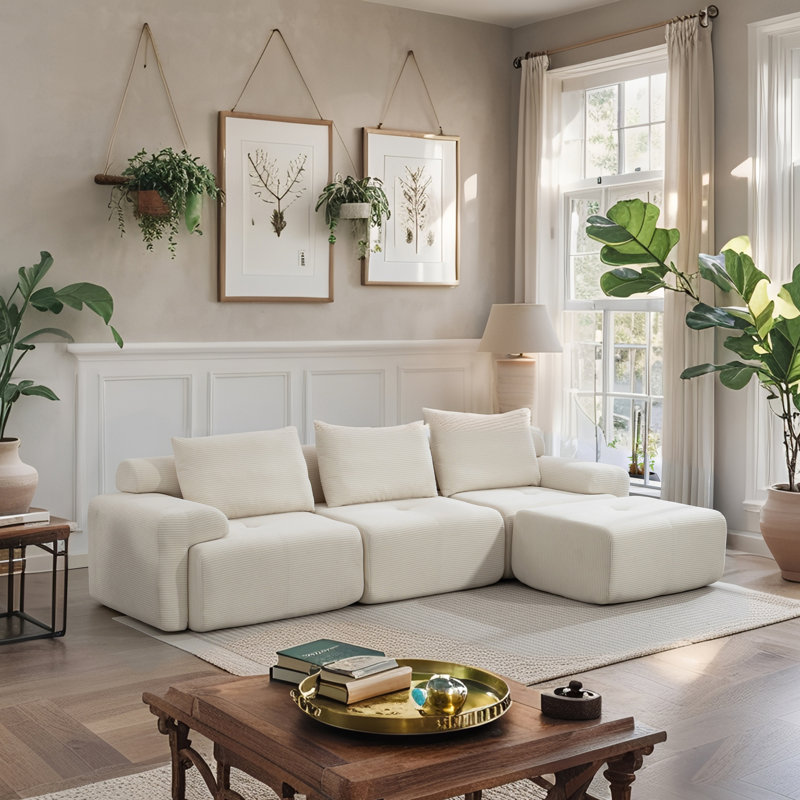 Canapé modulaire en forme de L Boneless de 120 po revêtu de velours côtelé pour le salon, Velours côtelé blanc
