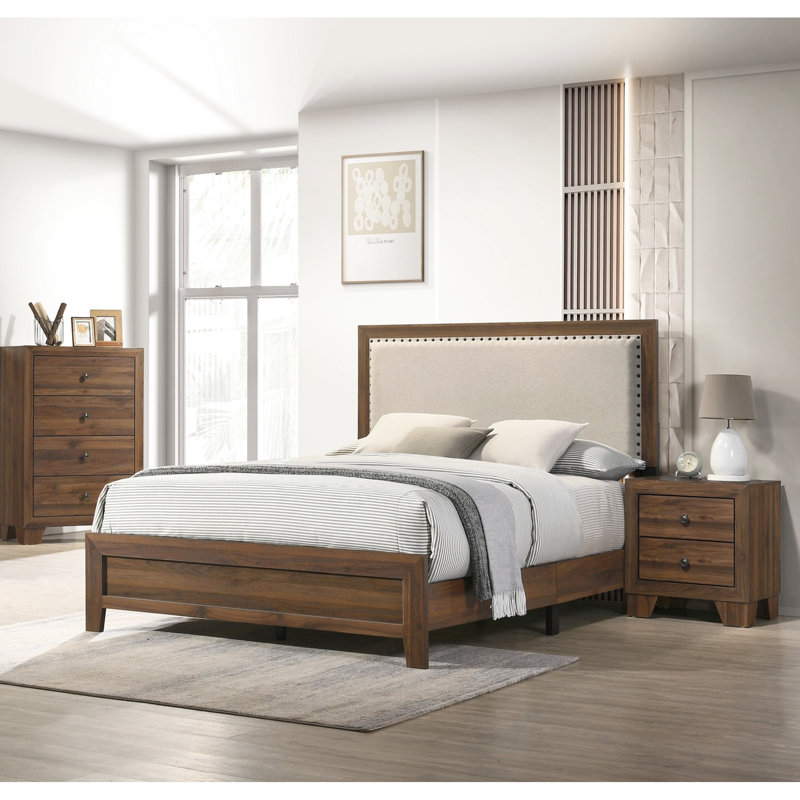 Grand lit moderne en cerisier brun moderne avec tête de lit tapissier et conception en bois de taille exquise, Brun