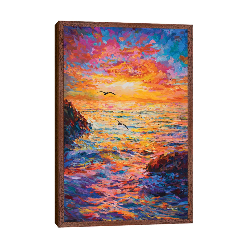 Sunset Over Ocean by Leon Devenice - Painting on Canvas, 66.04cm H x 45.72cm W x 3.81cm D, Classic Brown Wood Framed