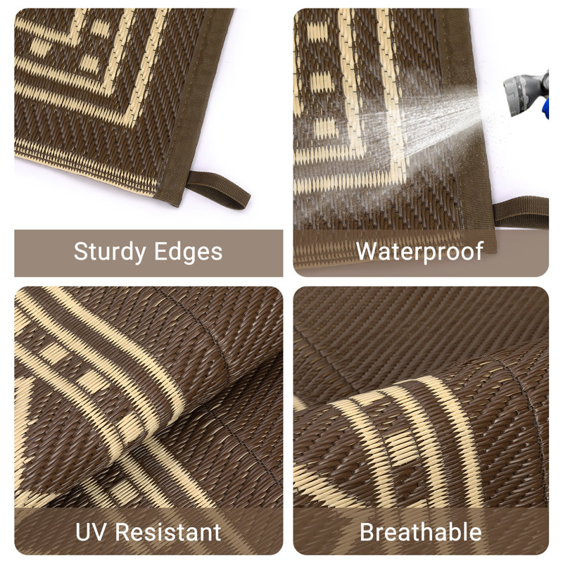 Outdoor Rug Modern Bordered Geometric Rug Waterproof Reversible Plastic Straw Rug for Patio Camping RV Balcony Backyard