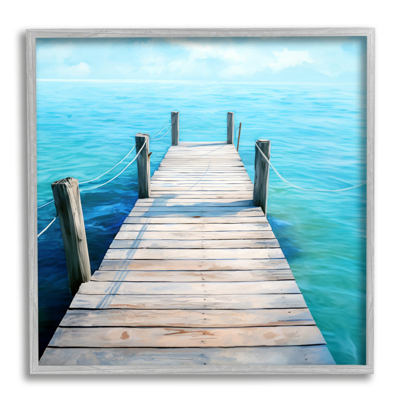 Coastal Dock Landscape Canvas Art in Blue and Beige Frame