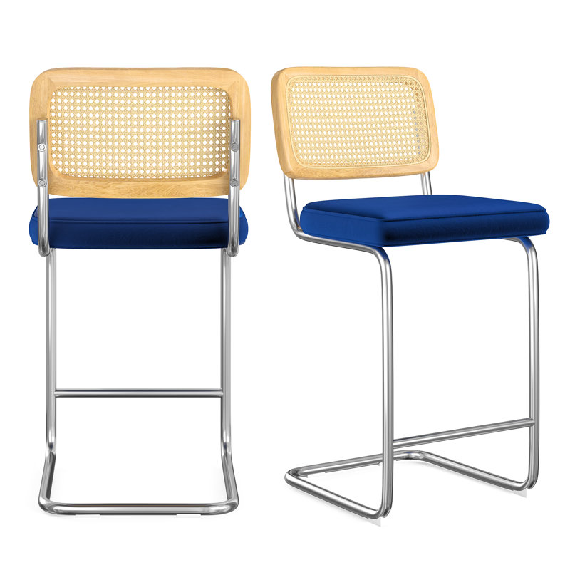 Baumgartner Upholstered Counter Stool with Metal Frame, Silver, Blue, Counter Stool (26" Seat Height)