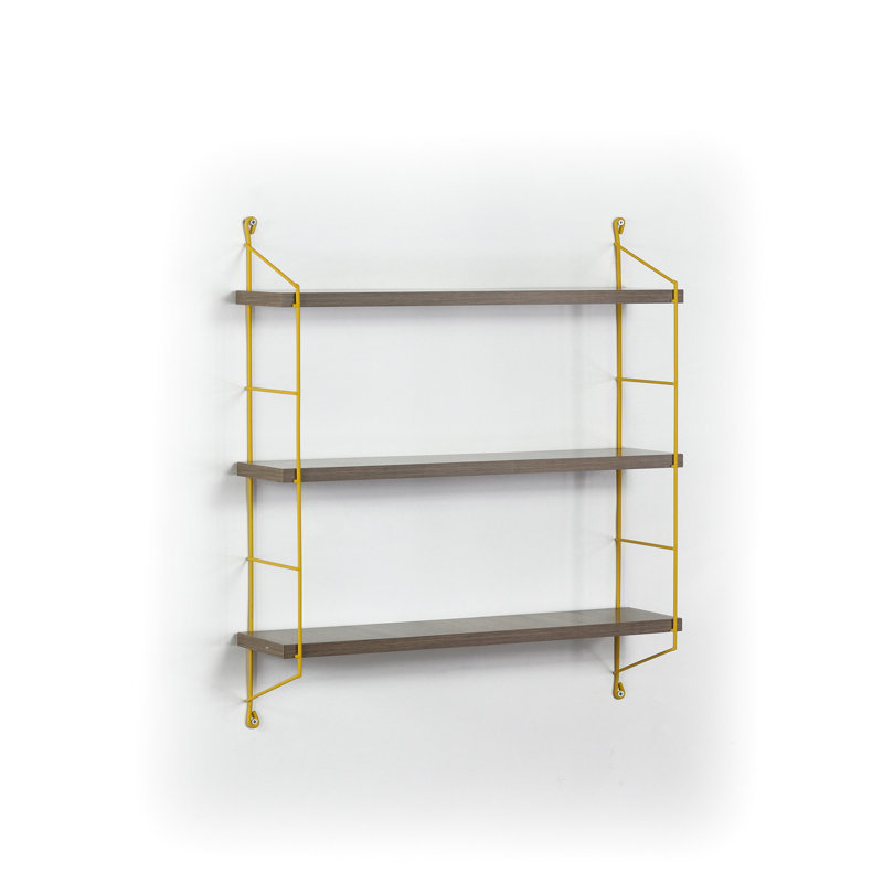 3 Wall Shelving, Walnut, Yellow Metal Frame, Organizing Books, , Stable Accents, Kitchens, Open-Frame, Space Saving, Walnut