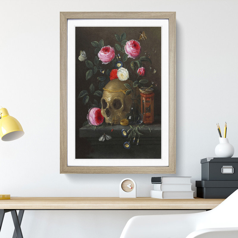 Skull and Roses by Jan Van Kessel - Picture Frame Painting, 48cm H x 36cm W x 2cm D, Oak Framed