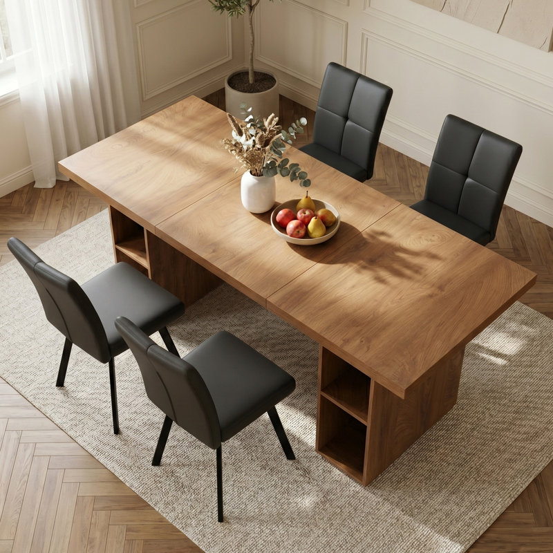 Ensemble de table et de chaises rectangulaires 4 places de style milieu du siècle, 180 cm (70,8 po), en MDF imitation chêne avec étagères de rangement latérales ouvertes.