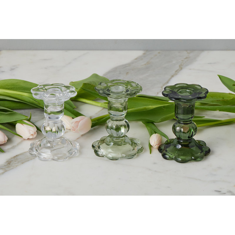 Glass Scalloped Candlesticks, Clear/Sage/Spruce