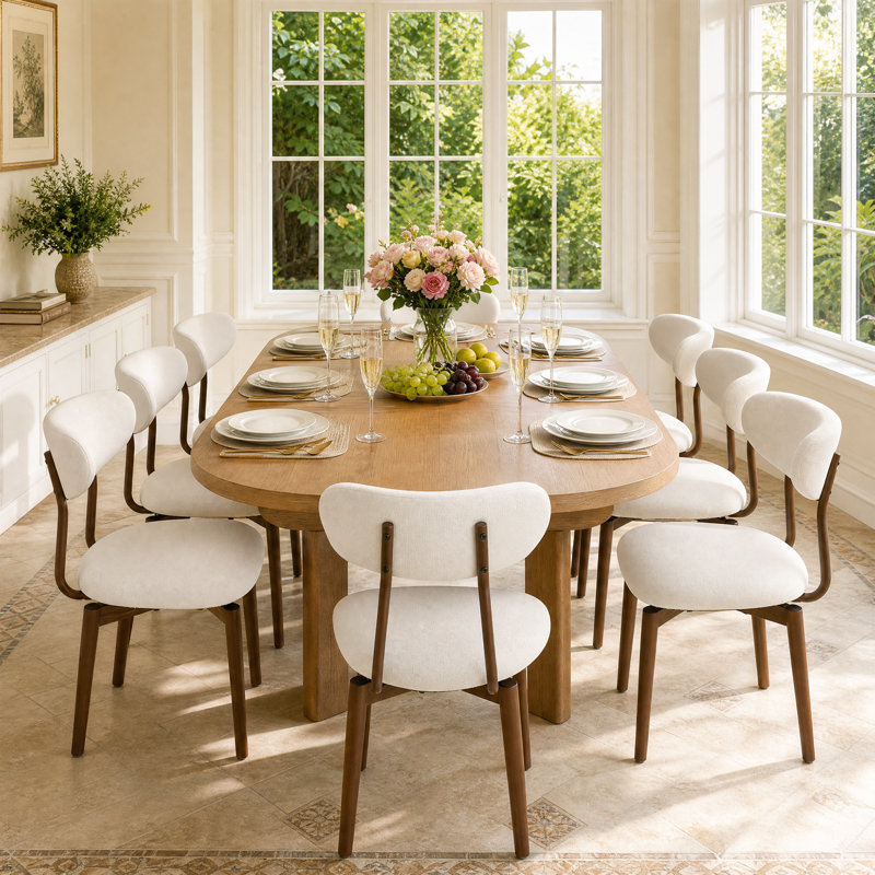 Ensemble en coton et lin avec chaises de salle à manger en bois à dossier incurvé (lot de 8), Beige