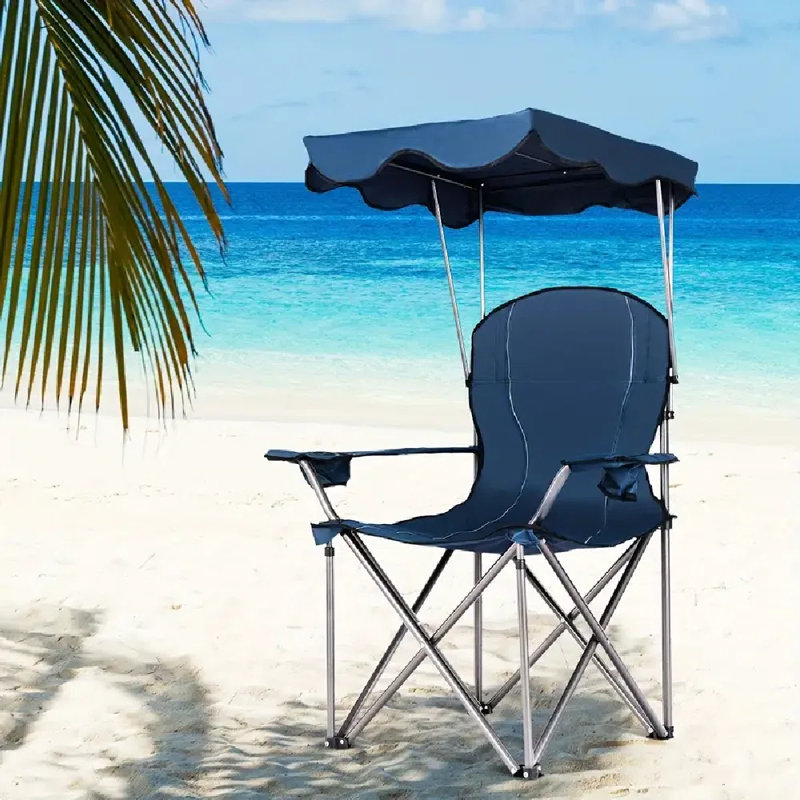 Chaise pliante portative avec auvent de plage et sac pour porte-gobelet, Bleu