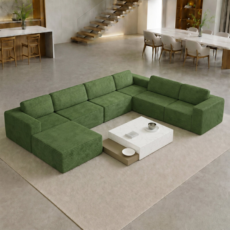 Modular Oversized 404cm 6-seater L-shaped Boneless Corduroy Sofa, No Assembly Required, Right Hand Facing, Green