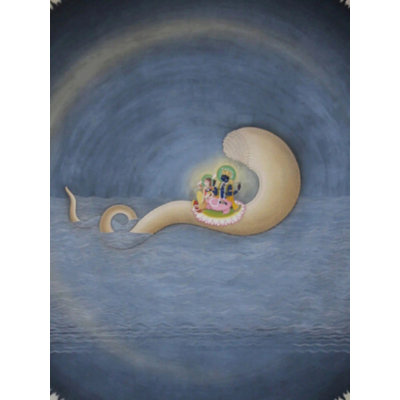 «Sitting Lord Vishnu and Lakshmi Ji», aquarelle originale de 64 po x 44 po sur toile de lin par Shammi Bannu Sharma, Art dévotionnel encadré