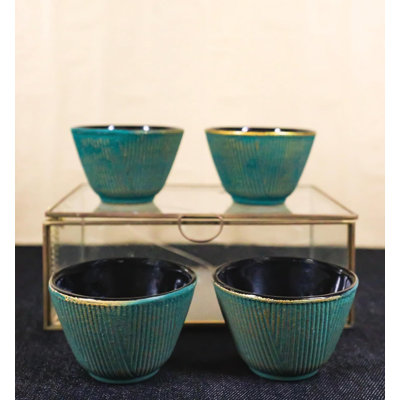 Pack Of 4 Green With Gold Hues Cast Iron Tetsubin Textured Tea Cups 3Oz