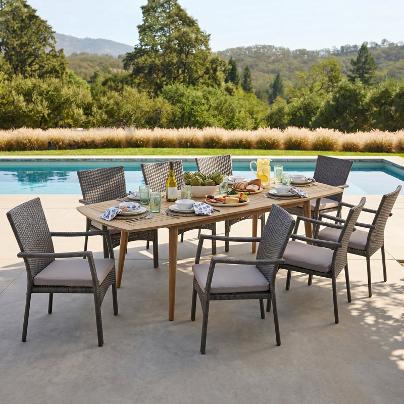 8 - Person Acacia Wicker Patio Dining Set with Extendable Rectangular Table , Cushions Included