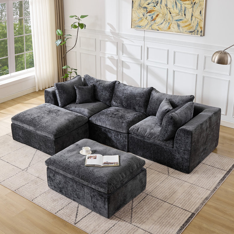 Canapé modulaire rembourré et désossé 6 pièces 6 pièces, Gris chenille, H 25,6 po x l 113 po x P 70,9 po