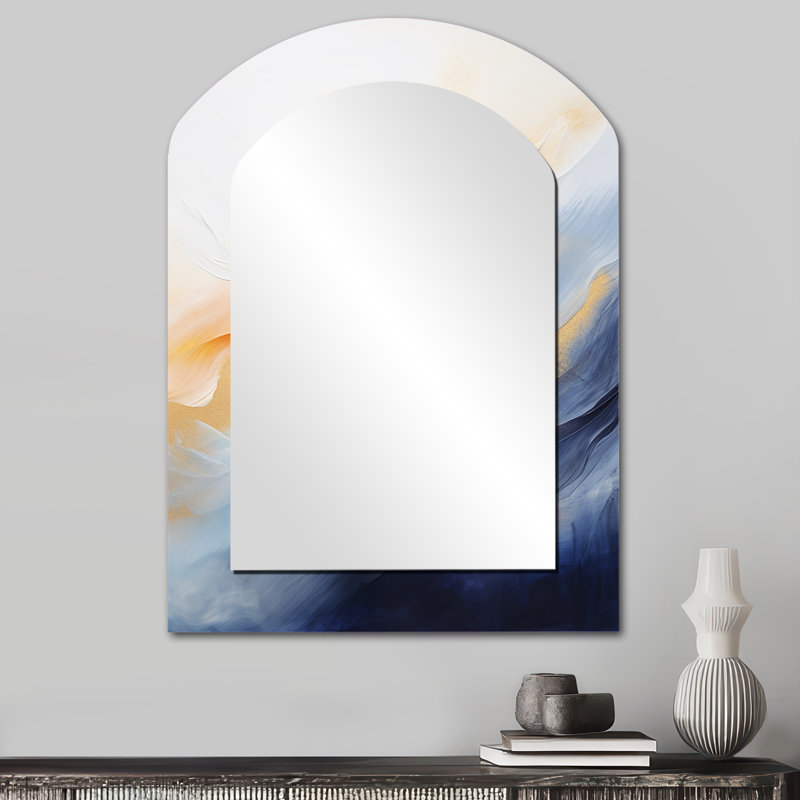 Blue And Yellow Marble Storm II - Blue Modern Arch Wall Mirror, 34 po x 25 po