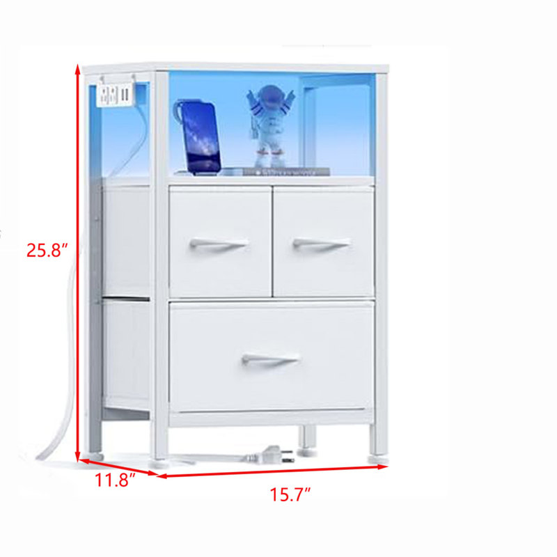 White Fabric and Wood 3-Drawer Nightstand with LED and USB Ports