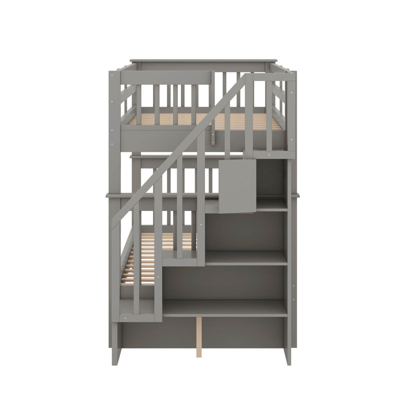 Lit superposé simple au-dessus de simple avec garde-corps et rangement Stairway, Gris