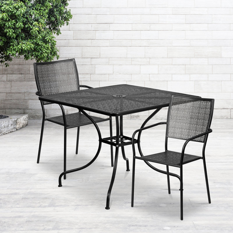 Janeth 35.5'' Square Indoor-Outdoor Steel Patio Table Set with 2 Square Back Chairs, Black