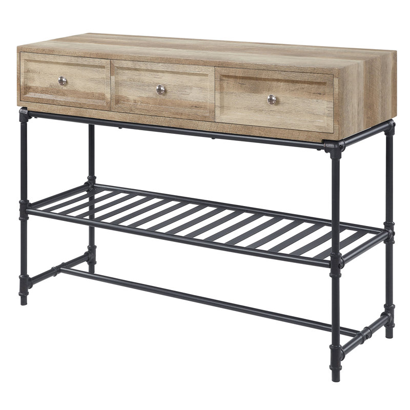 Table rectangulaire en chêne et noir sablé, avec pieds en métal et compartiments de rangement