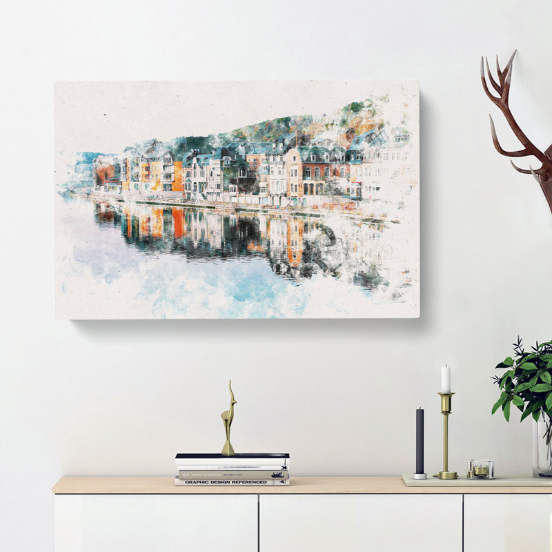 Row Of Houses In Dinant Belgium Watercolour - Wrapped Canvas Print, 40cm H x 60cm W x 3cm D