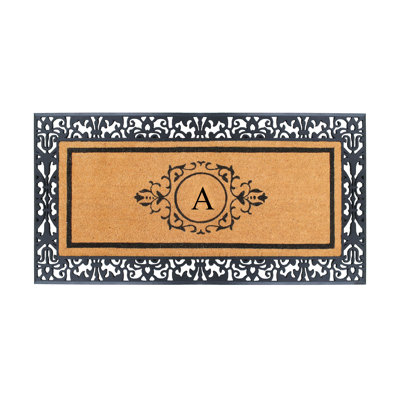 Abhijot Monogram Natural Coir & Rubber Door Mat with Paisley Border — Hand-Flocked, Heavy-Duty, Dirt-Resistant, Non-Slip Outdoor Entry Mat, 30" x 60"