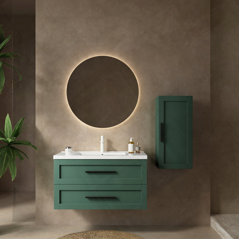 Meuble-lavabo mural flottant avec lavabo et armoire de rangement à deux tiroirs et cuve en céramique blanche, 36"