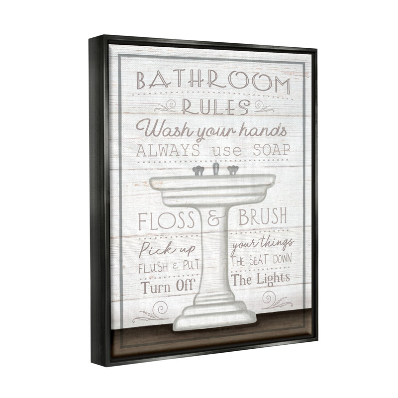 "Ba-573-Floater Rustic Bathroom Rules Sink" par Elizabeth Tyndall, art textuel sur toile, H 31 po x l 25 po x P 1,7 po