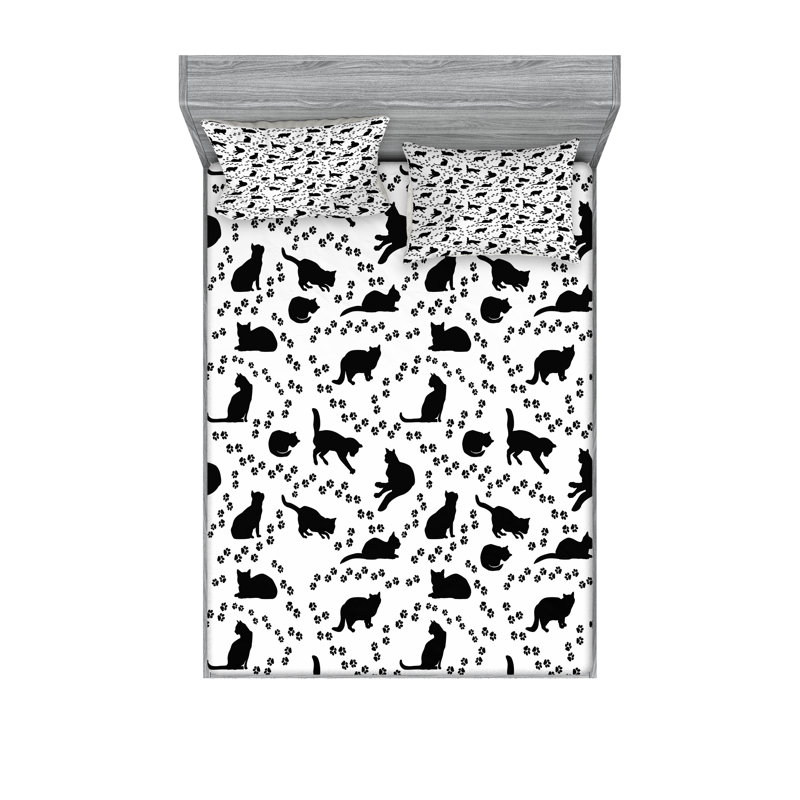 Drap-housse pour chat Ambesonne et taie décorative noir et blanc, Ensemble de draps pour très grand lit californien